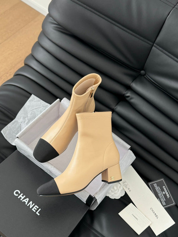 CC Ankle Boot Beige Calfskin Black Grosgrain