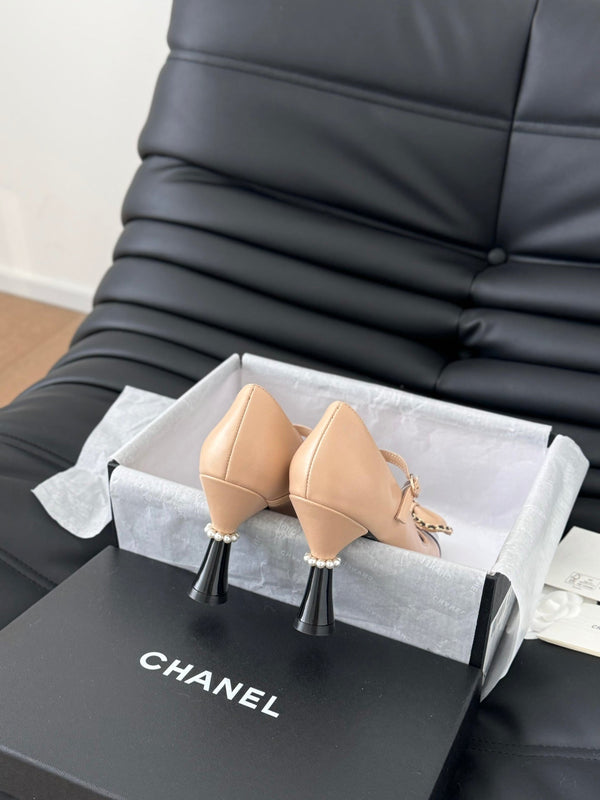 CC POINTED TOE HIGH HEELS IN SEPIA BEIGE MIX BLACK LAMBSKIN GOLD HARDWARE