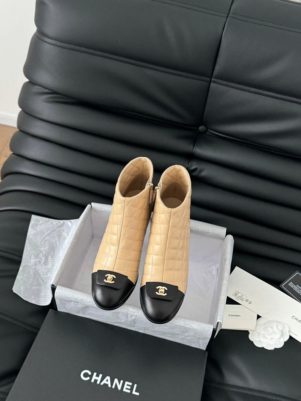 STIVALI CC CORTI 65 MM IN PELLE DI AGNELLO CON MOTIVO TRAPUNTATO NERO E BEIGE SEPPIA