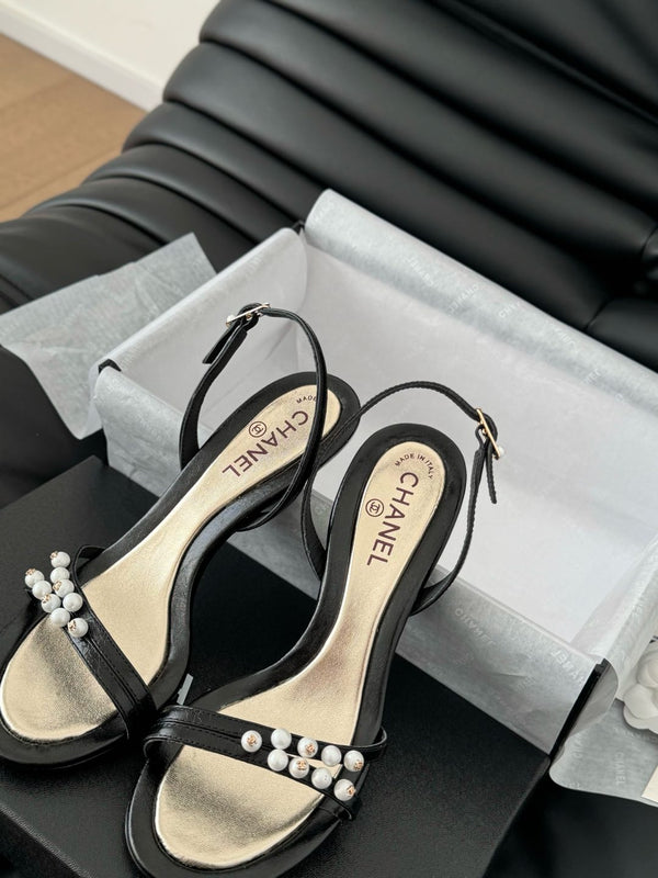 PEARL SANDAL IN BLACK AND GOLD LAMBSKIN 75 MM