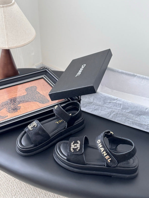 Chanel Sandal Black Horsehair Calfskin 399232