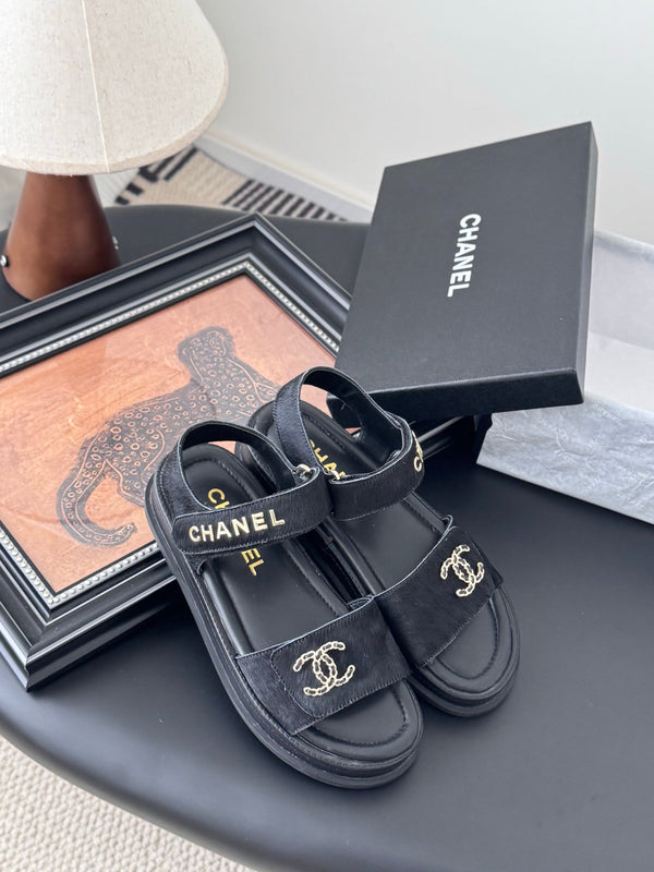Chanel Sandal Black Horsehair Calfskin 399232