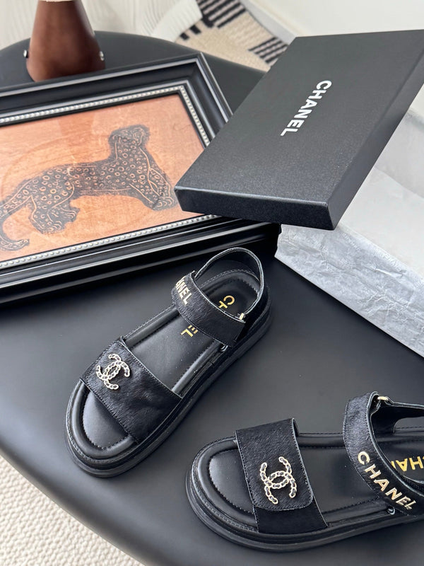 Chanel Sandal Black Horsehair Calfskin 399232