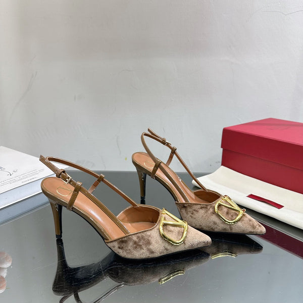 Vlogo Signature Slingback in pelle di vitello marrone e velluto