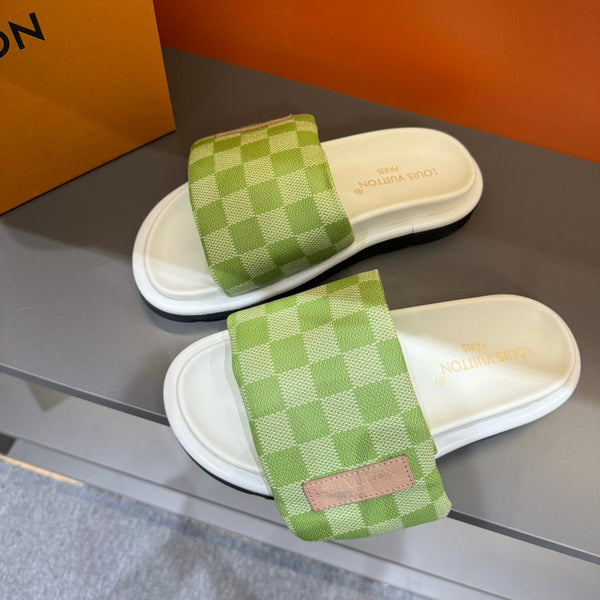 LV VELCRO SLIPPERS PEAR GREEN DAMIER MONOGRAM CALFSKIN
