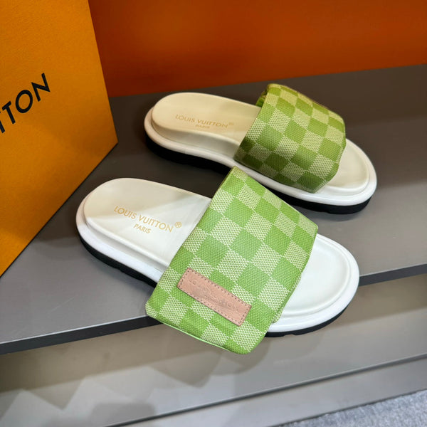 LV VELCRO SLIPPERS PEAR GREEN DAMIER MONOGRAM CALFSKIN
