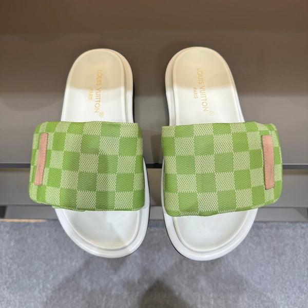 LV VELCRO SLIPPERS PEAR GREEN DAMIER MONOGRAM CALFSKIN