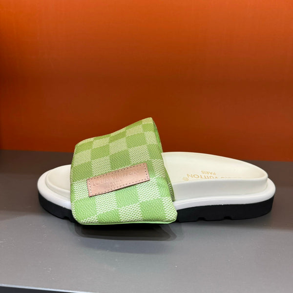 LV VELCRO SLIPPERS PEAR GREEN DAMIER MONOGRAM CALFSKIN