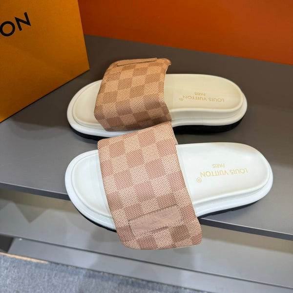 LV VELCRO SLIPPERS DESERT SAND DAMIER MONOGRAM CALFSKIN