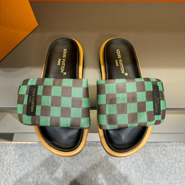 LV VELCRO SLIPPERS GREEN MIX BROWN DAMIER MONOGRAM CALFSKIN