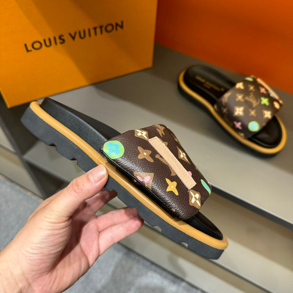 LV VELCRO SLIPPERS IN CHOCOLATE BROWN MONOGRAM CALFSKIN