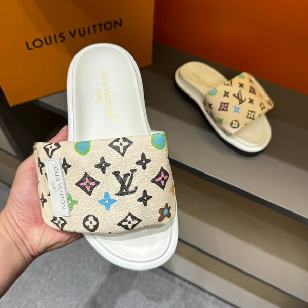 LV VELCRO SLIPPERS IN BEIGE CREAM MONOGRAM CALFSKIN