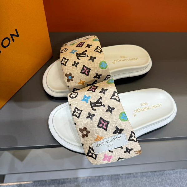 LV VELCRO SLIPPERS IN BEIGE CREAM MONOGRAM CALFSKIN