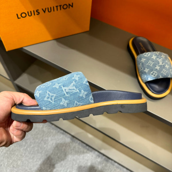 LV VELCRO SLIPPERS IN LIGHT BLUE MONOGRAM DENIM
