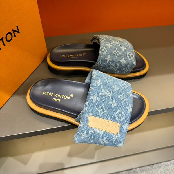 LV VELCRO SLIPPERS IN LIGHT BLUE MONOGRAM DENIM