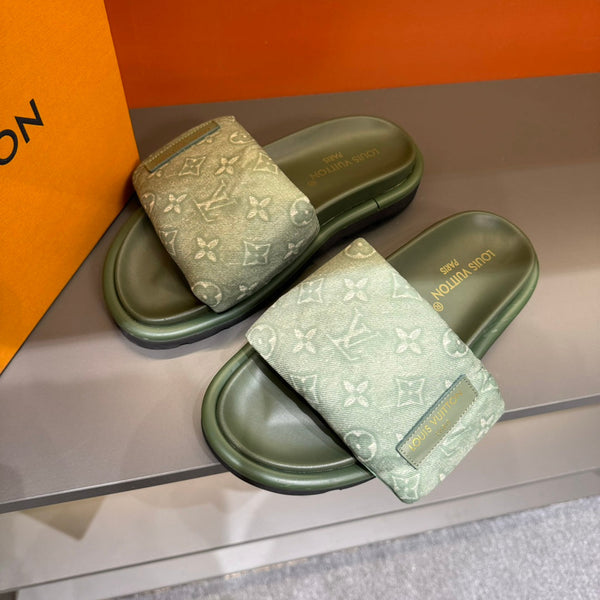 LV VELCRO SLIPPERS IN OLIVE GREEN MONOGRAM JACQUARD