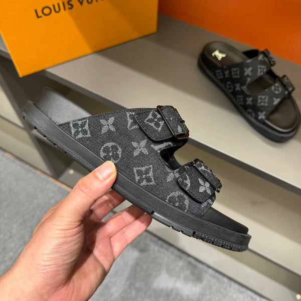 LV DAD SANDAL BLACK MONOGRAM DENIM