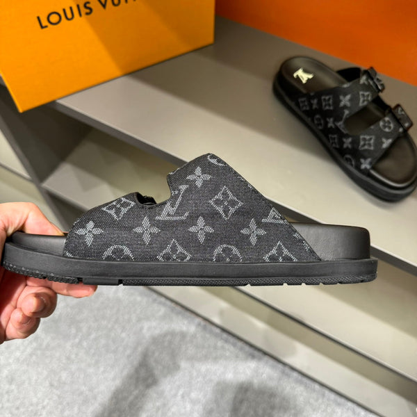 LV DAD SANDAL BLACK MONOGRAM DENIM