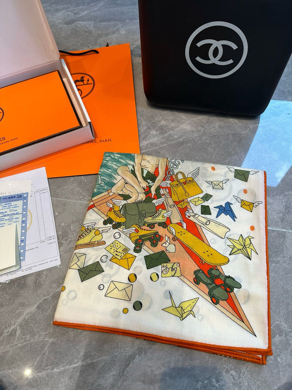 Flagship Scarf 140 CM In White Colorful Cashmere And Mulberry Silk 376505