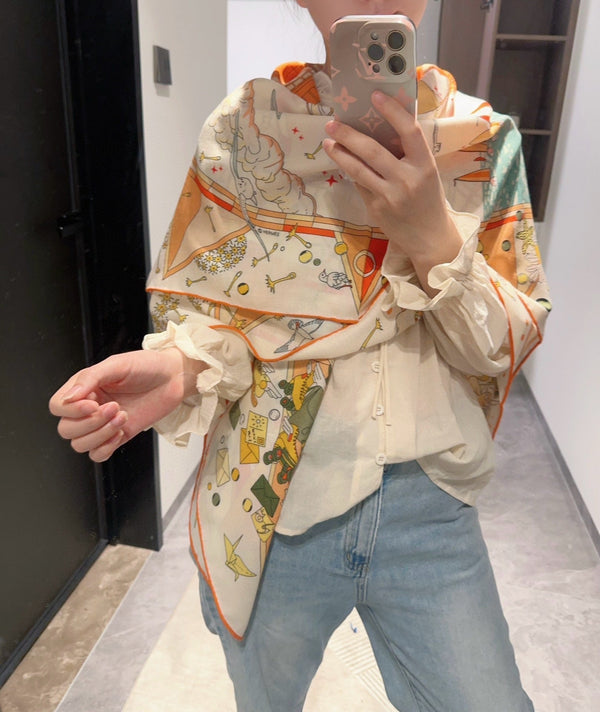 Flagship Scarf 140 CM In White Colorful Cashmere And Mulberry Silk 376505