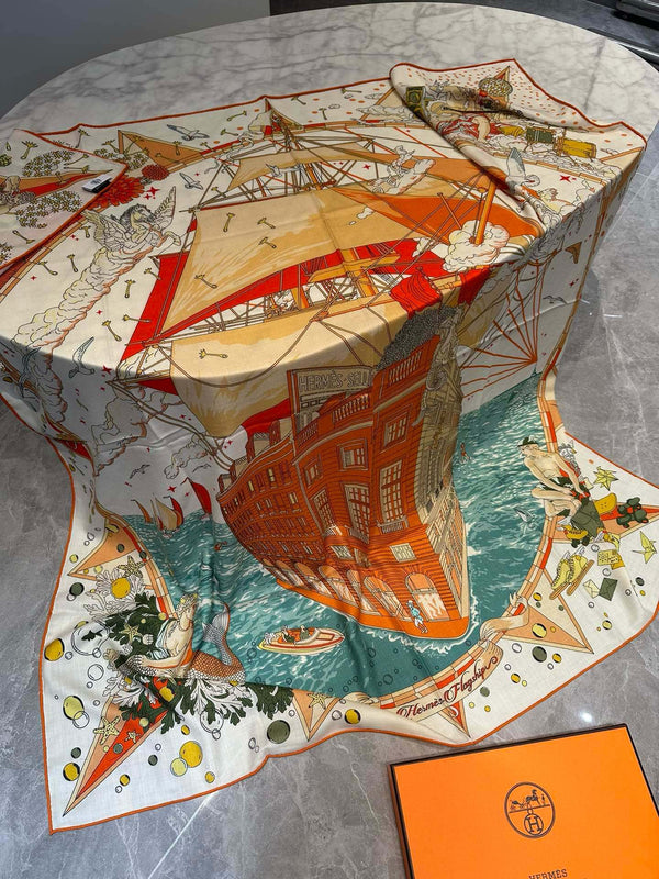 Flagship Scarf 140 CM In White Colorful Cashmere And Mulberry Silk 376505