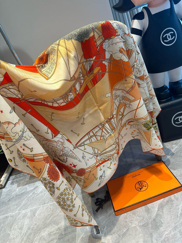 Flagship Scarf 140 CM In White Colorful Cashmere And Mulberry Silk 376505