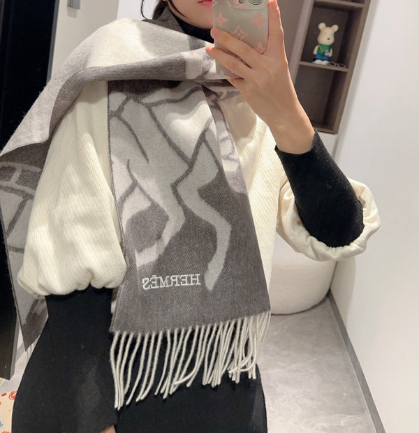 Scarf 180 CM Grey Black Mix Light Grey Wool