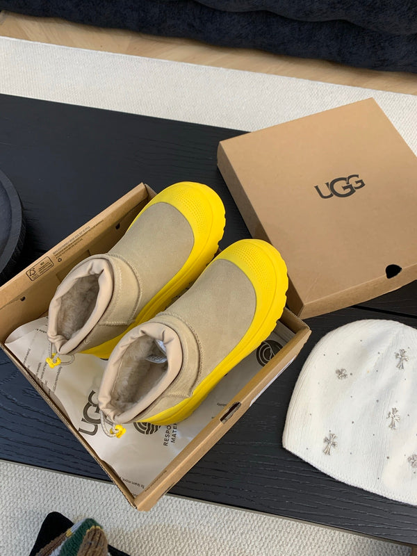 UGG Ultra Mini Ankle Boots Taupe Yellow Suede Rubber 512898
