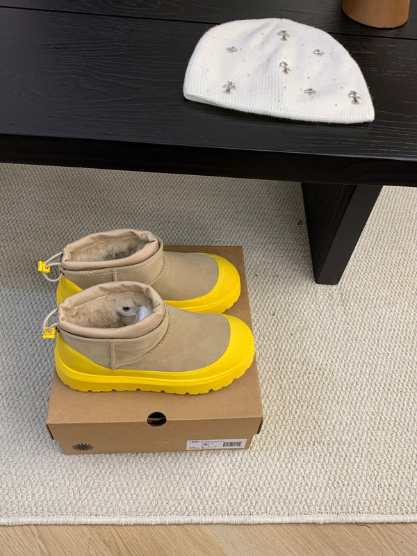 UGG Ultra Mini Ankle Boots Taupe Yellow Suede Rubber 512898