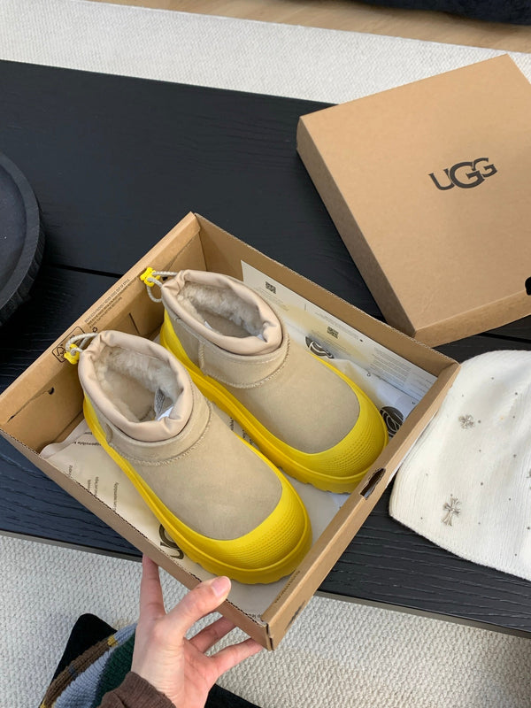 UGG Ultra Mini Ankle Boots Taupe Yellow Suede Rubber 512898