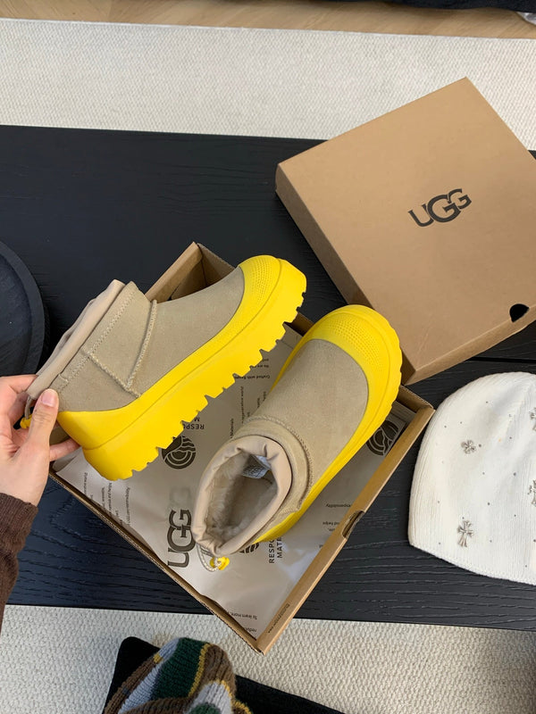 UGG Ultra Mini Ankle Boots Taupe Yellow Suede Rubber 512898