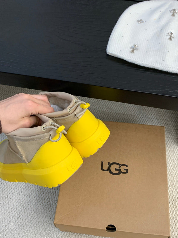 UGG Ultra Mini Ankle Boots Taupe Yellow Suede Rubber 512898