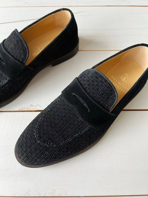 brunello woven black suede penny loafer