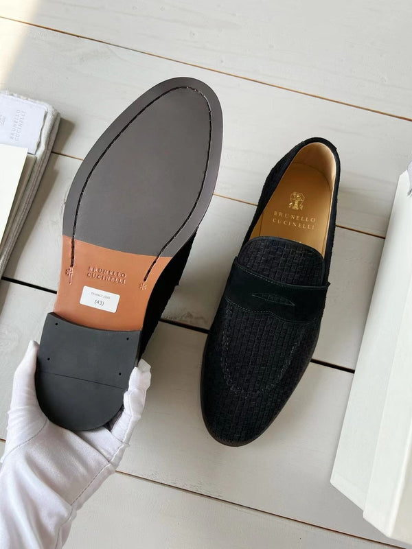 brunello woven black suede penny loafer