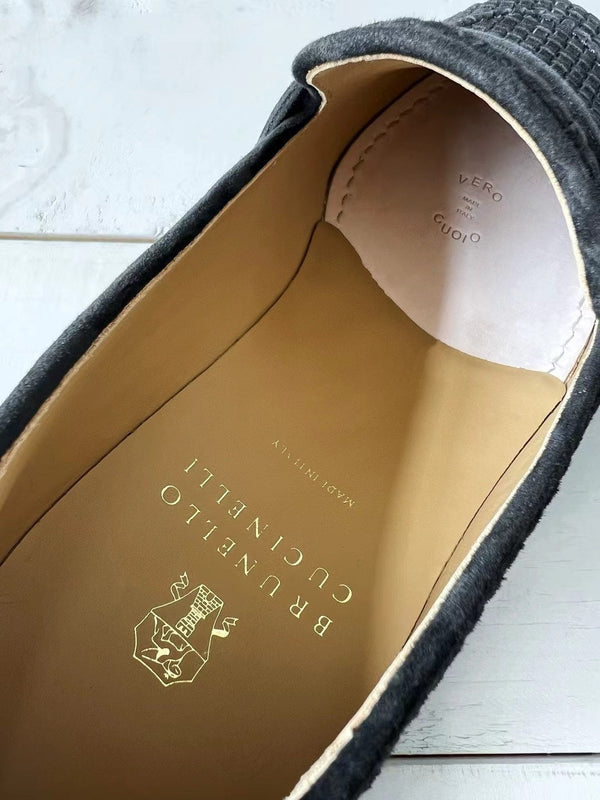 brunello woven black suede penny loafer