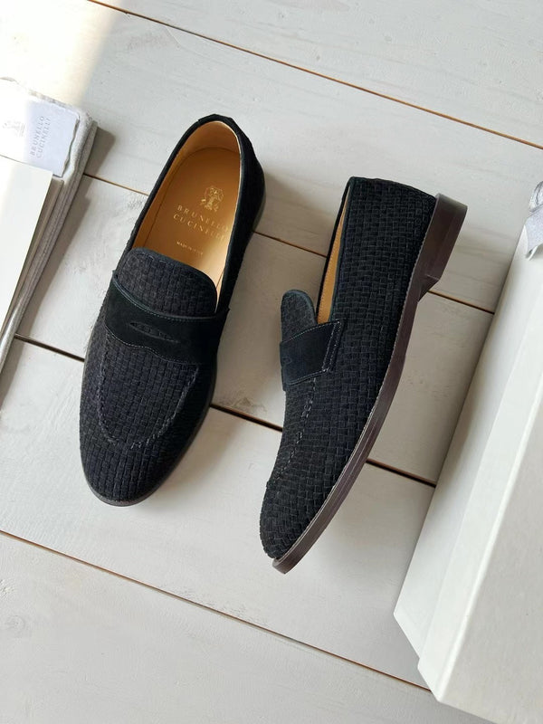 brunello woven black suede penny loafer