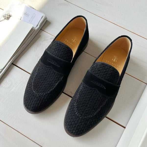 brunello woven black suede penny loafer