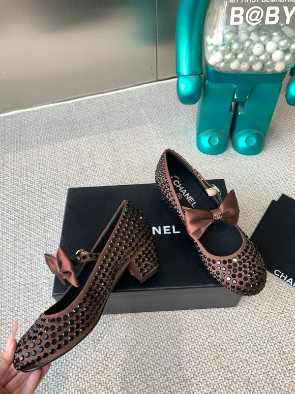 CC MARY JANES SHOES IN UMBER BROWN SATIN WITH RHINESTONES