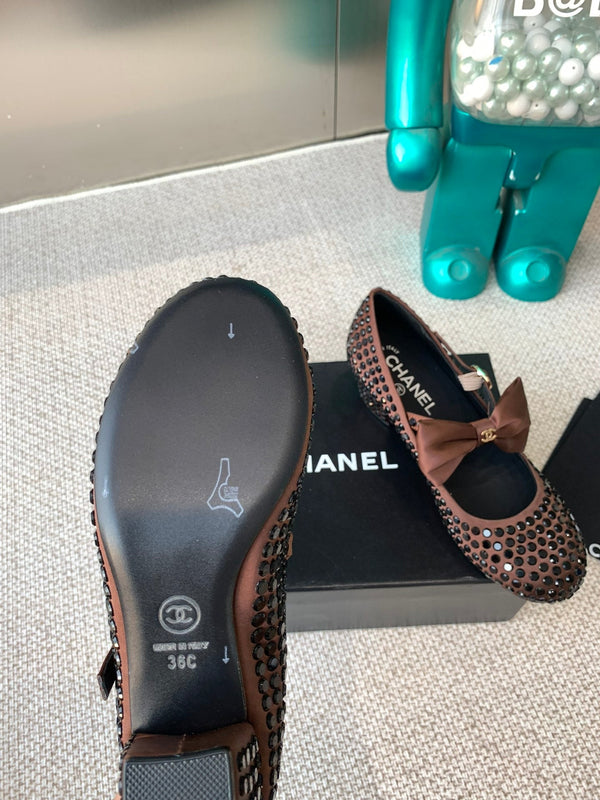 CC MARY JANES SHOES IN UMBER BROWN SATIN WITH RHINESTONES