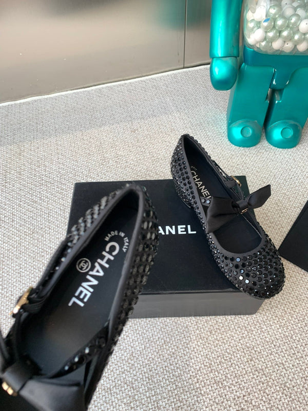 CC MARY JANES SHOES IN BLACK SATIN WITH RHINESTONES