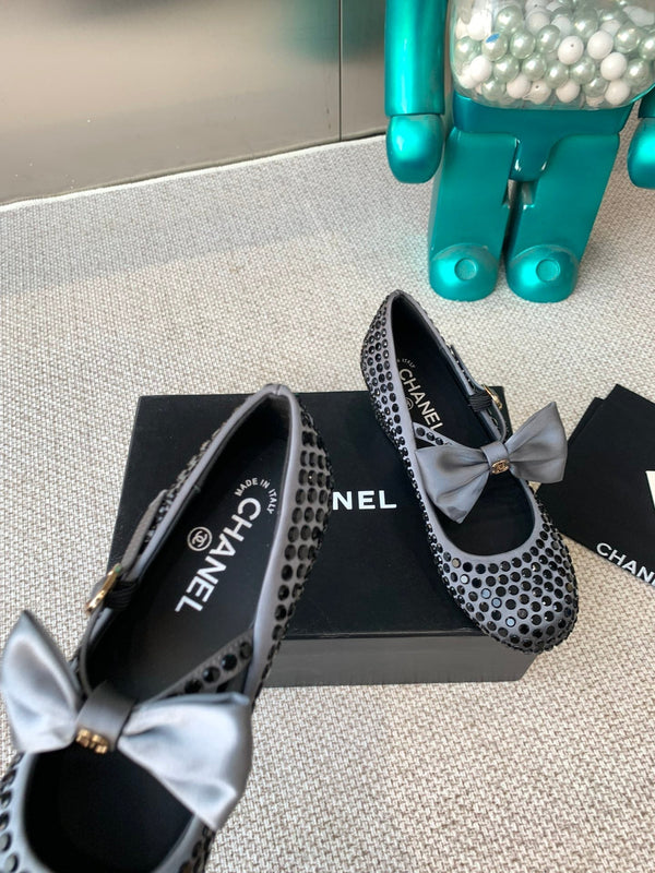 CC MARY JANES SHOES IN STEEL GRAY SATIN WITH BLACK RHINESTONES