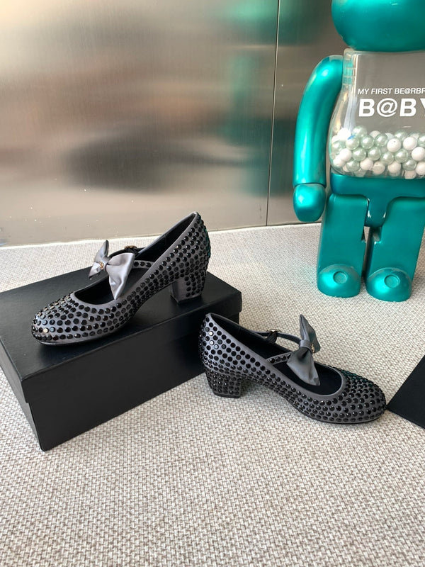 CC MARY JANES SHOES IN STEEL GRAY SATIN WITH BLACK RHINESTONES