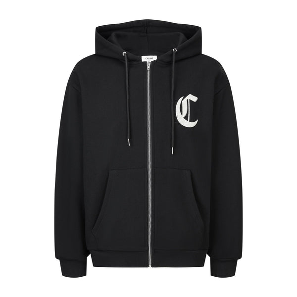 Celine Embroidered Hoodie Zip-up Jacket Black White Cotton