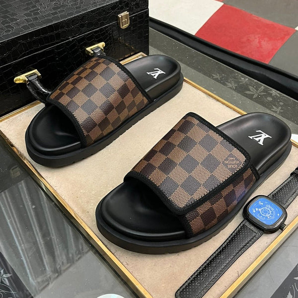 MIAMI MULE IN CINNAMON BROWN DAMIER JACQUARD