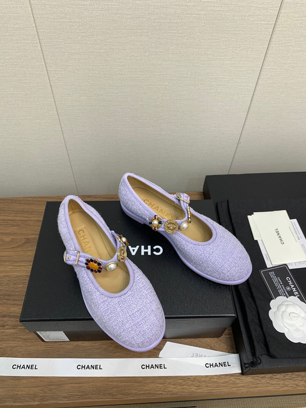 CC MARY JANES VIOLET WOOL TWEED AND FABRIC