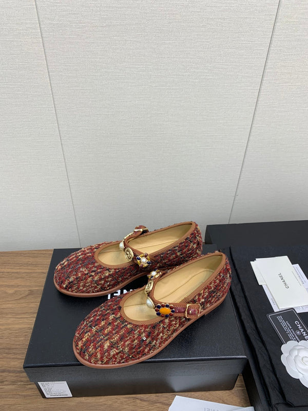 CC MARY JANES BROWN WOOL TWEED AND FABRIC