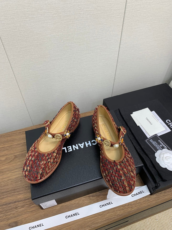 CC MARY JANES BROWN WOOL TWEED AND FABRIC