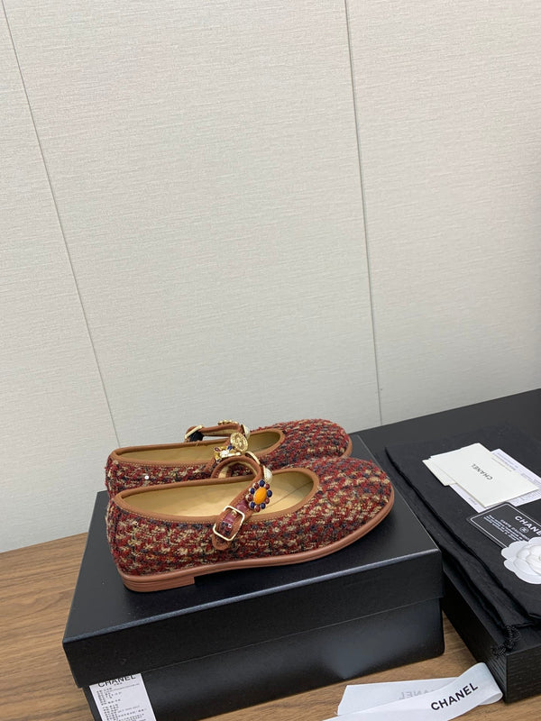 CC MARY JANES BROWN WOOL TWEED AND FABRIC