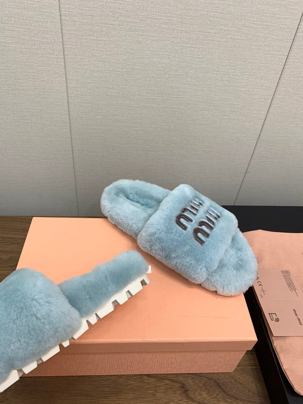 Miu Slippers Light Blue Pure Wool