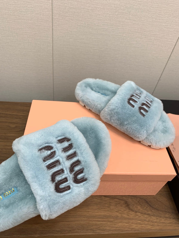 Miu Slippers Light Blue Pure Wool
